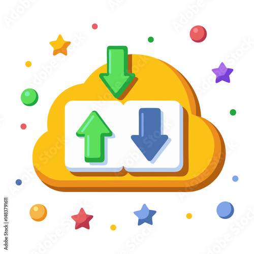 A colorful cartoon illustration of a yellow cloud containing green and blue upward and downward arrows, representing cloud data upload and download.