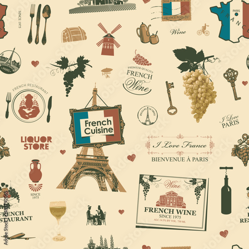 Hand drawn seamless pattern on the theme of French cuisine and Paris with food, wine, architectural landmarks, map and flag. Postcard. Wallpaper, wrapping paper. No AI used