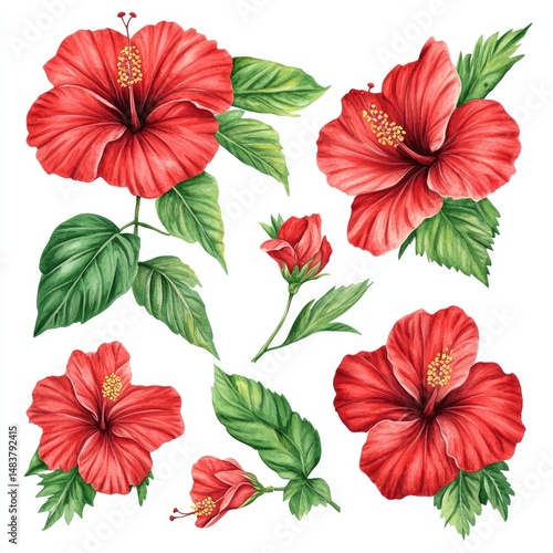 Wallpaper Mural Vibrant hibiscus collection, detailed botanical illustrations of various hibiscus flowers and leaves in rich red and green Torontodigital.ca