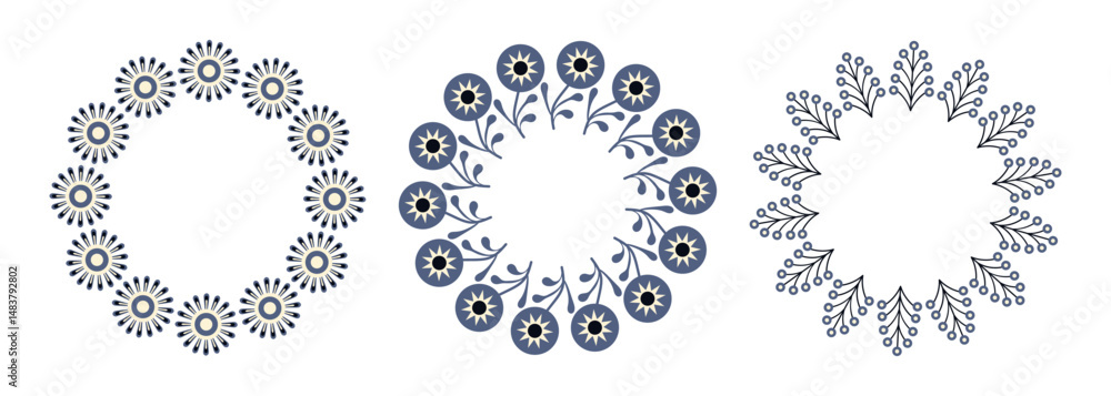 A set of simple round frames. Spring-summer composition with geometric flowers. Wreath with flowers and leaves for invitation, greeting card. A set of simple round frames. Spring-summer composition with geometric flowers. Wreath with flowers and leaves for invitation, greeting card.
