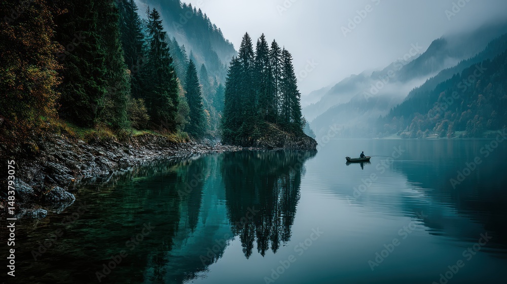 Naklejka premium Misty mountain lake reflection