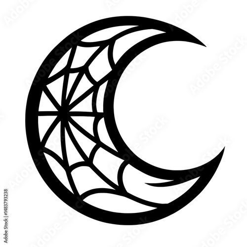 Black and White Tribal Crescent Moon with Spider Web Tattoo Graphic Element Icon