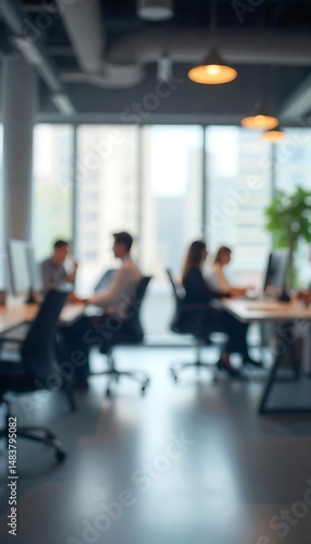Generative AI Blurred office interior with professionals working at desks
