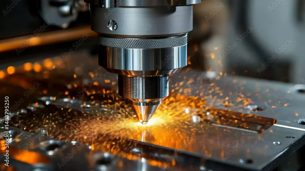 Close-Up of Laser Cutting Machine with Sparks and Precision Detail Close-Up of Laser Cutting Machine with Sparks and Precision Detail