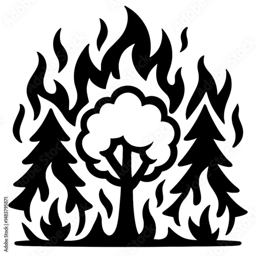 Black Graphic Wildfire Burning Trees. Graphic Element Vector Icon Representing Forest Fire or Natural Disaster.