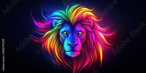 A neon lion's head with a colorful mane glows brightly against a dark black background.
