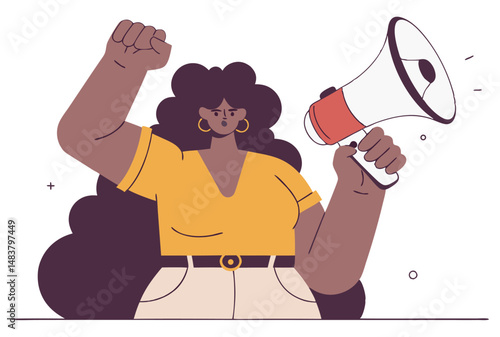 A Black woman with curly hair raises a fist in solidarity while holding a megaphone, symbolizing protest and empowerment.