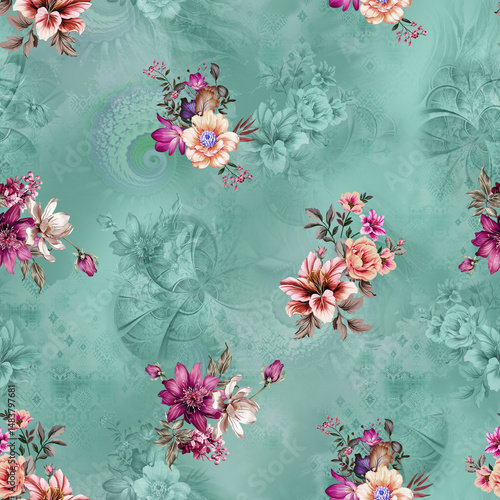 "Seamless allover pattern of watercolor roses and leaves in soft pastel shades, perfect for fabric and wallpaper design."