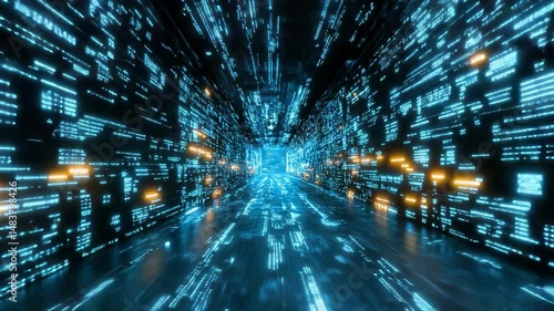 Futuristic Digital Tunnel with Neon Lights and Flowing Data Patterns