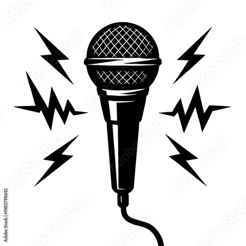 Black Graphic Microphone with Sound. Graphic Element Vector Icon Representing Recording or Input.