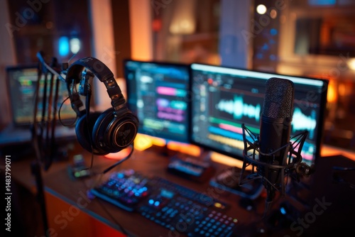 Recording studio setup with microphone, headphones, dual monitors, keyboard for podcasting or music production