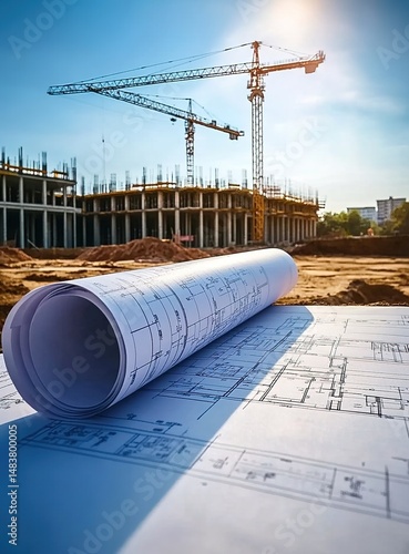 Construction Site with Blueprints and Cranes