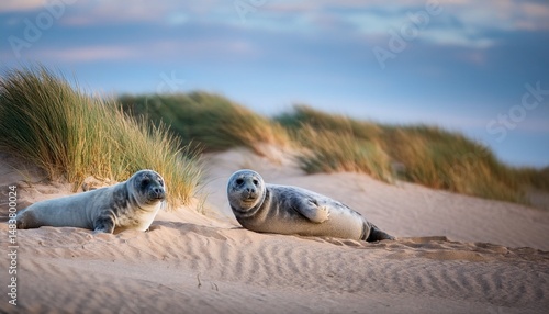 grey seal pups in sand dunes on beach horsey gap norfolk uk