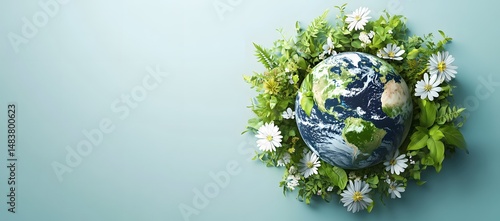 Earth globe covered with lush green plants against a white background, symbolizing environmental conservation, sustainability, and nature's growth