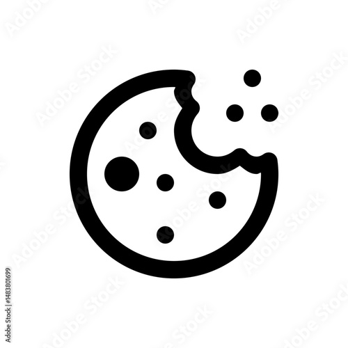 Bitten chocolate chip cookie with dark chips and a circular outline on a white background icon style