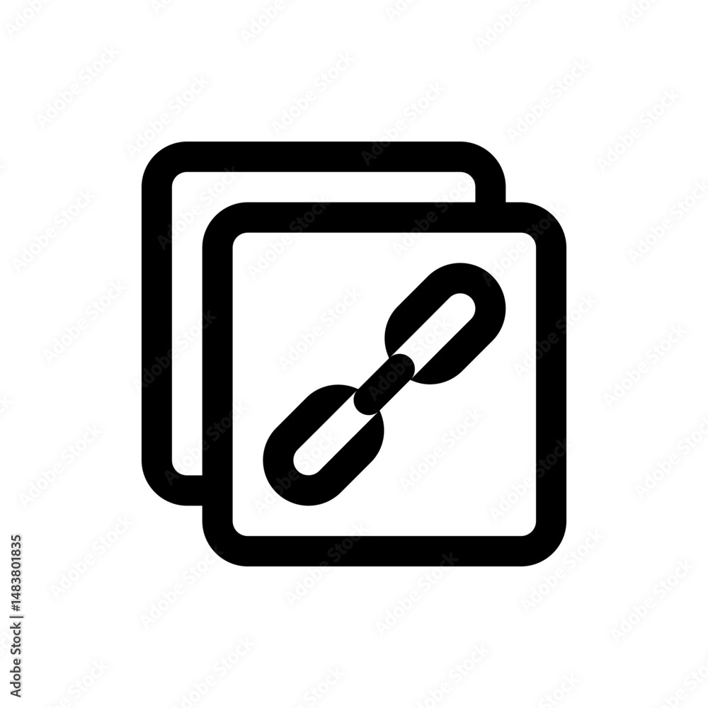 Black and white icon of two overlapping squares with rounded corners and a chain link symbol inside the top square Black and white icon of two overlapping squares with rounded corners and a chain link symbol inside the top square
