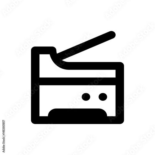 Illustration of a black and white printer with the lid open and two circular buttons on the front panel