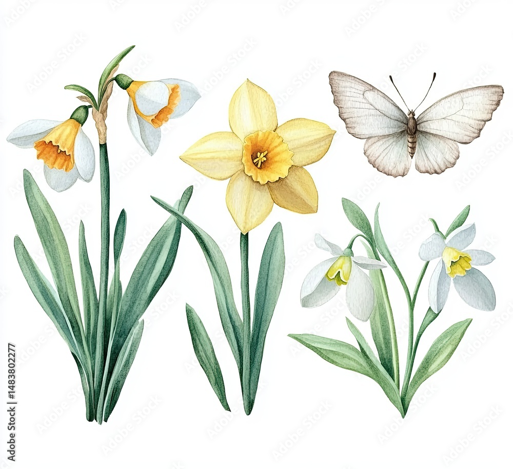Naklejka premium Spring floral illustration featuring daffodils, snowdrops, and a butterfly. Detailed botanical representation of flowers and foliage in soft watercolor style, showcasing vibrant whites and yellows