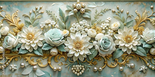 Luxurious Floral Arrangement with White and Blue Blooms, Gold Embellishments, and Pearls on Soft Teal