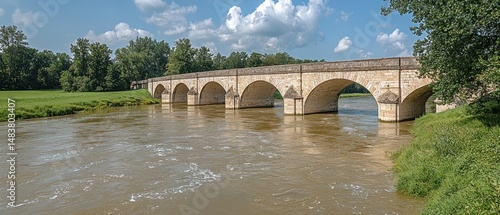 Wallpaper Mural Stone arch bridge spans a wide, calm river under a partly cloudy sky. Lush green vegetation borders the riverbanks Torontodigital.ca