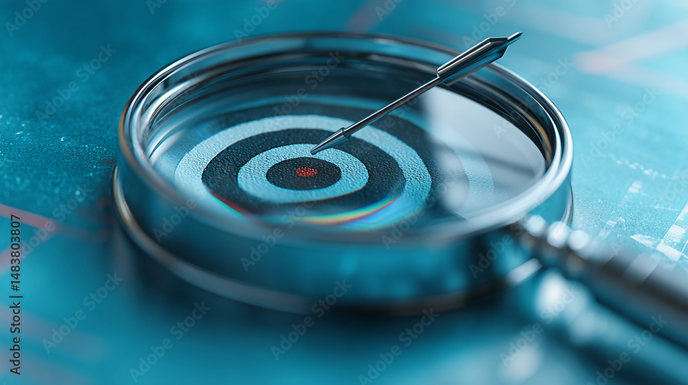 Magnifying glass shows dart hitting bullseye, symbolizing accuracy, precision, and goal achievement in business strategy Magnifying glass shows dart hitting bullseye, symbolizing accuracy, precision, and goal achievement in business strategy