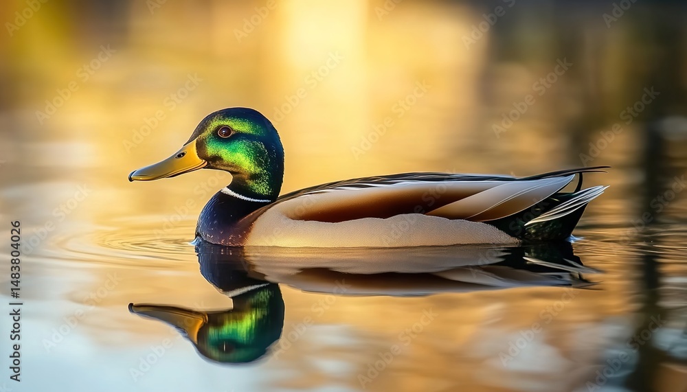 Obraz premium A male mallard duck swimming on a calm lake at sunset