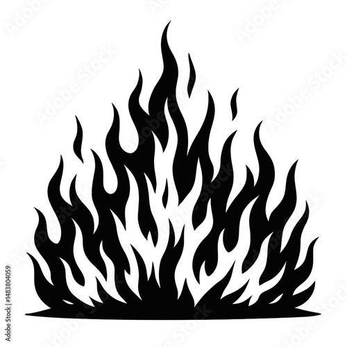 Black Silhouette Large Flames. Graphic Element Vector Icon Representing Fire, Heat, or Danger.