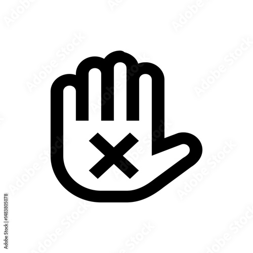 Black and white graphic of a hand with an x mark across the palm indicating stop or no entry symbol