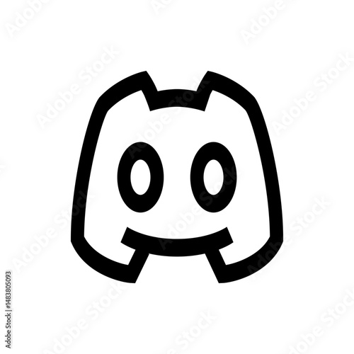 Illustration of a stylized black and white discord logo with rounded eyes and a thick outline design style