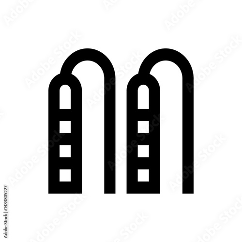 Illustration of two black stylized industrial distillation towers with connecting pipes and square windows design 100