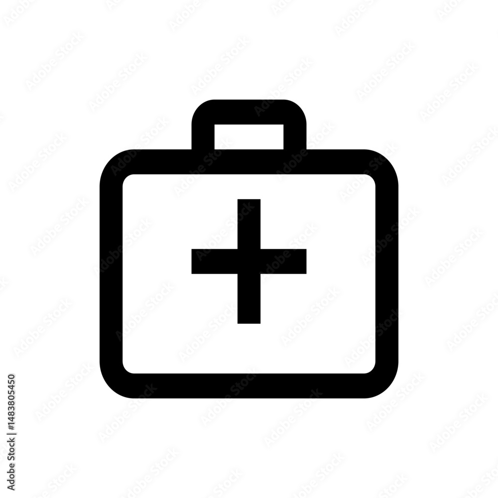 Outline drawing of a medical briefcase with a handle and a plus sign in the center of the briefcase face Outline drawing of a medical briefcase with a handle and a plus sign in the center of the briefcase face