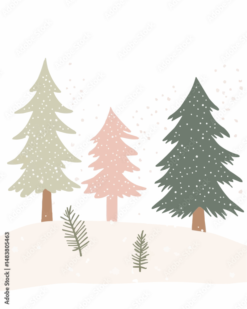 Flat vector winter forest scene, silhouette pine trees in soft pastel colors, minimal layered design, gently falling snow, no gradients, clean white background Flat vector winter forest scene, silhouette pine trees in soft pastel colors, minimal layered design, gently falling snow, no gradients, clean white background