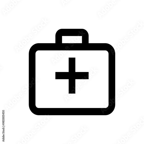Outline drawing of a medical briefcase with a handle and a plus sign in the center of the briefcase face