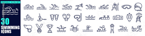 A set of thirty line art icons representing various aspects of swimming and aquatic activities.