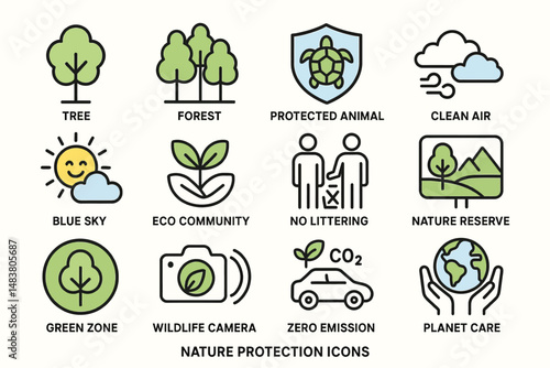 Nature protection icons featuring trees, wildlife, eco community, and environmental conservation
