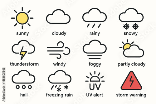 12 weather icons illustrating various conditions: sunny, cloudy, rainy, snowy, and more