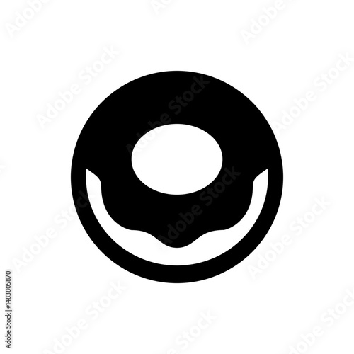 A simple black and white drawing of a donut with a hole in the middle and frosting on the bottom edge
