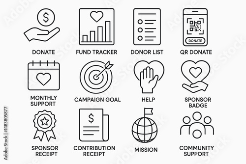 Donation and fundraising icons including qr codes and campaign goals