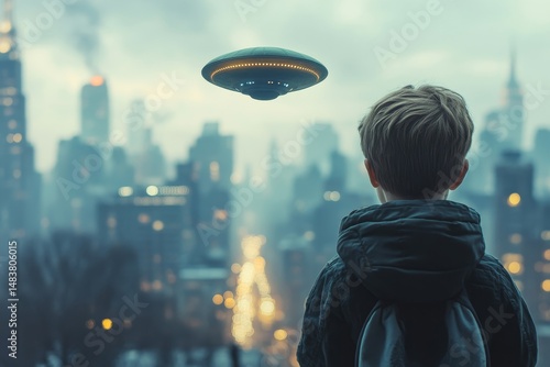 Back view of little boy looking at alien invasion, UFO flying in the sky above city, concept of evidence and sighting. Generative AI