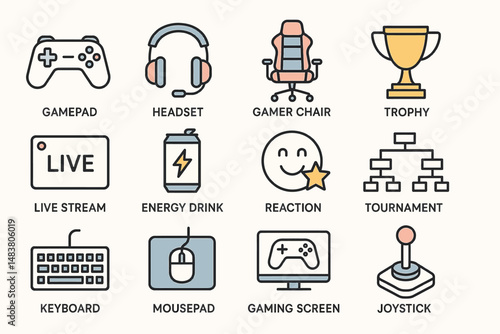 Gaming icons: gamepad, headset, gamer chair, trophy, stream, drink, emote, tournament, gear