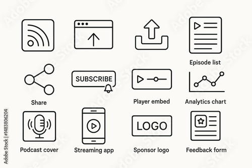 Podcast icon set: subscribe, share, episode list, analytics, streaming