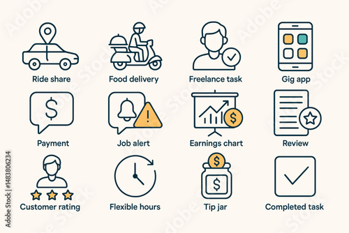 Gig economy icons: ride share, food delivery, freelance, payment, earnings chart