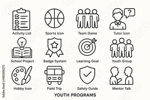 Icons representing youth programs and activities for school projects and teams