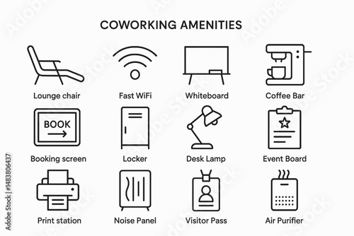 Coworking space amenities icons: lounge chair, fast wifi, whiteboard, coffee bar, booking screen