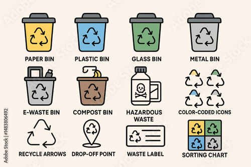 Color-coded recycling bins and icons: paper, plastic, glass, metal, e-waste, compost solutions