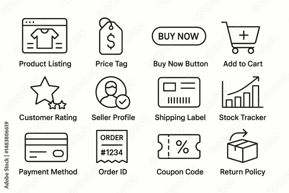 E-commerce icon set featuring payment checkout and order management E-commerce icon set featuring payment checkout and order management