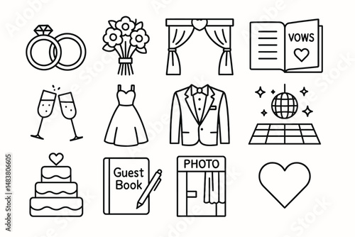 Wedding icons: rings, bouquet, vows, dress, suit, cake, guest book, disco ball, heart