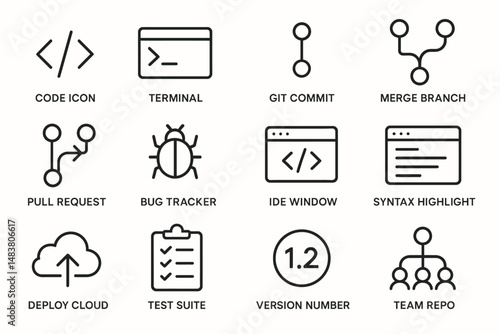 Software development icons: code, terminal, git, cloud, ide, syntax, testing, repository