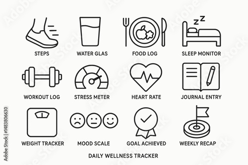 Daily wellness tracker icons: fitness, nutrition, sleep, stress, and mood monitoring tools