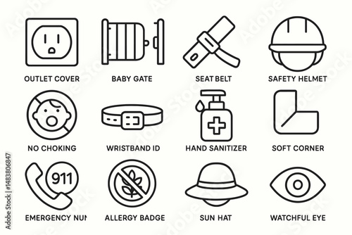 Essential safety equipment icons: outlet cover, baby gate, seat belt, safety helmet
